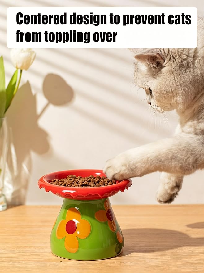 Mushroom Elevated Cat Bowls Ceramic, Cute Cat Bowls Whisker Fatigue | Raised Cat Bowl for Indoor Cats, Raised Dog Bowls Stand for Food and Water, Red 5.8" Wide for Adult Cats