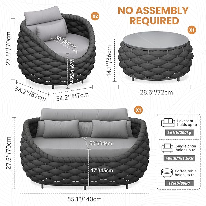 Erotr 4-Piece Woven Rope Outdoor Seating Set: Alumunim Frame, No Assembly, All-Weather Accent Patio Furniture - Modern Garden Lounge Conversation Set for Backyard Deck Porch Poolside Hotel