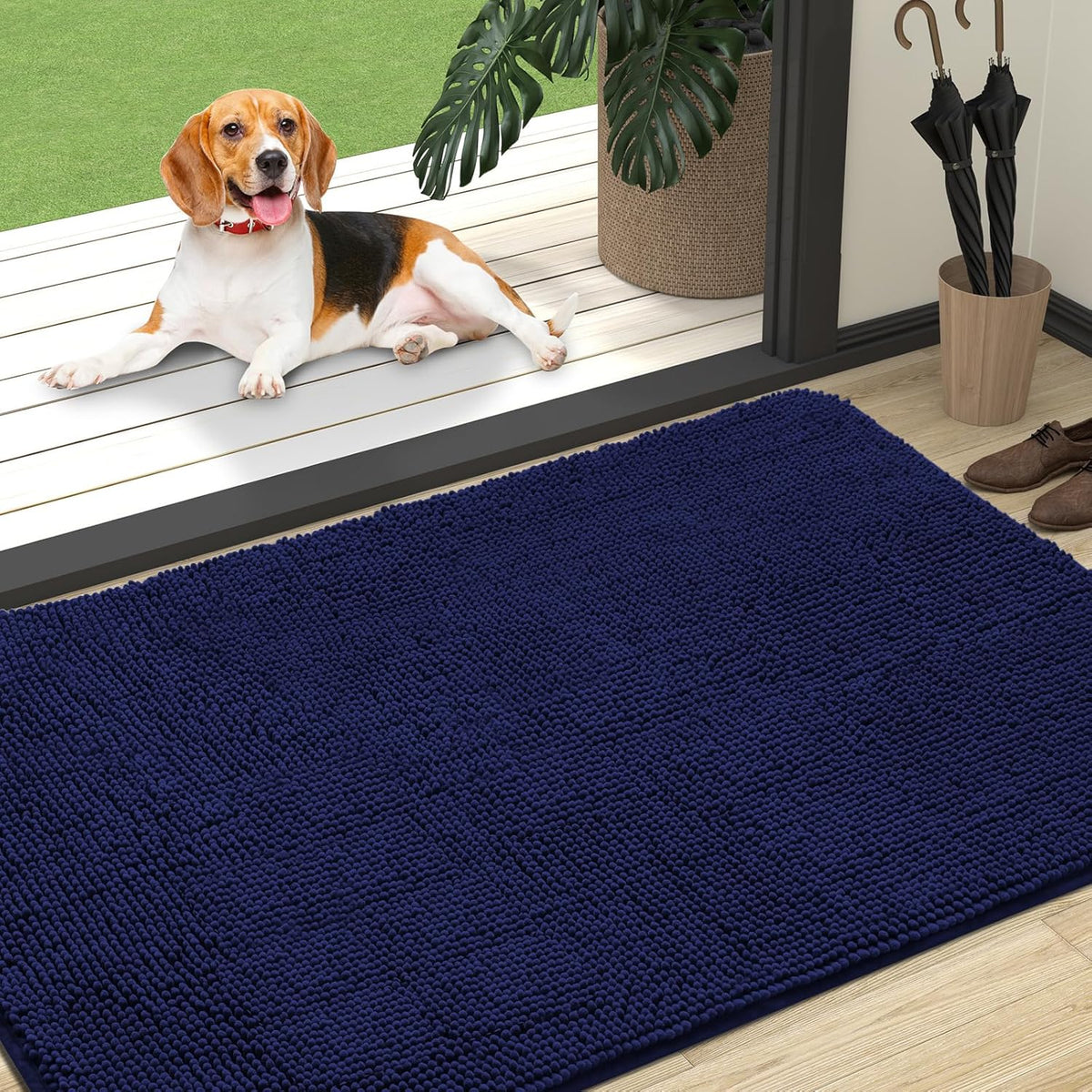 OLANLY Dog Door Mat for Muddy Paws 47x32, Absorbs Moisture and Dirt, Absorbent Non-Slip Washable Doormat, Quick Dry Chenille Mud Mat for Dogs, Entry Indoor Entryway Carpet for Inside Floor, Navy Blue