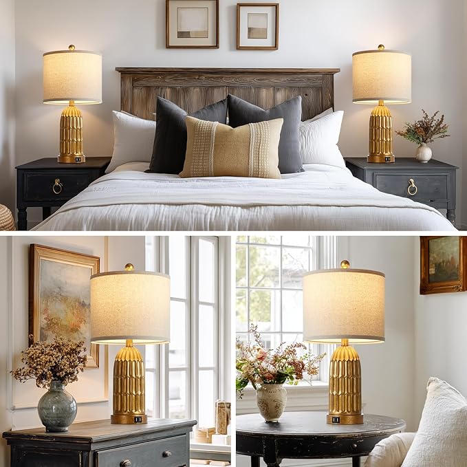 Table Lamps for Bedroom Set of 2, Farmhouse 3-Way Dimmable Touch Nightstand Lamp with 2 USB Charging Ports, Vintage Rustic Traditional Bedside Lamp for Living Room End Table