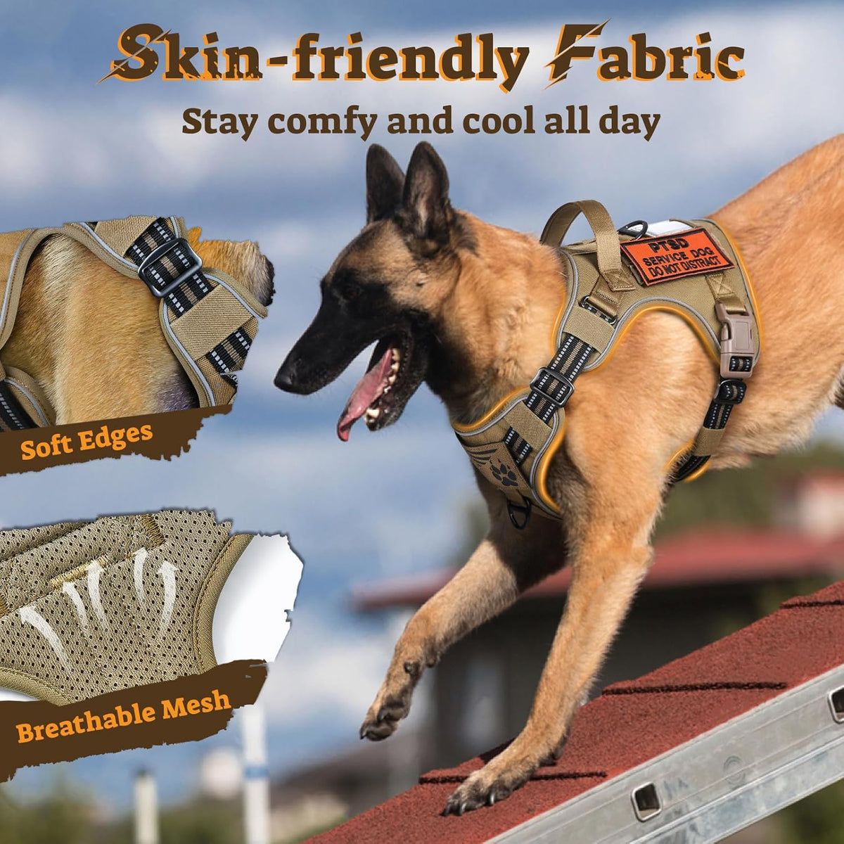 rabbitgoo Dog Harness Small Sized No Pull, Tactical Service Pet Vest with Molle and Control Handle, Adjustable and Reflective Military Harness for Easy Walking and Training, Brown, S