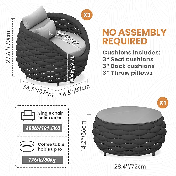 Erotr 4 Pieces Courtyard Seating Set: Aluminum Woven Rope Patio Furniture Chair Set - All Weather Metal Outdoor Conversation Set - Assembled Armchair w/Table for Bistro Deck Porch Balcony Apartment