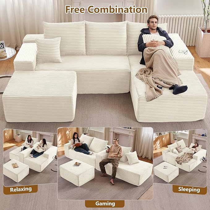 107" U-Shape Cloud Couch, Modern Modular Sectional Comfy L-Shape Sofa with Ottoman, Deep Seat, Upholstered Corduroy Sleeper Chaise Longue for Living Room Bedroom, No Assembly Required, White