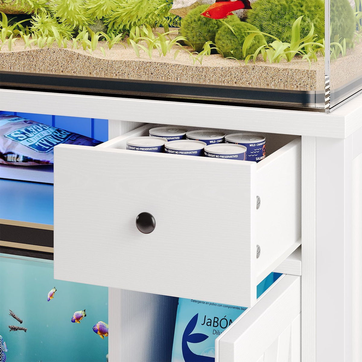 75 Gallon Fish Tank Stand with LED Light & Power Outlets, 55-75 Gallon Aquarium Stand with 2 Drawers & 2 Barn Doors, 52" L x 20" W Cabinet for 2 Fish Tank Accessories Storage, Turtle Tank, White