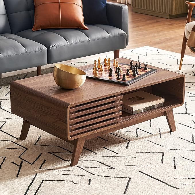 mopio Ensley Coffee Table, Mid Century Modern Table with Storage, Farmhouse Wood Coffee Table for Living Room Fluted (Walnut)