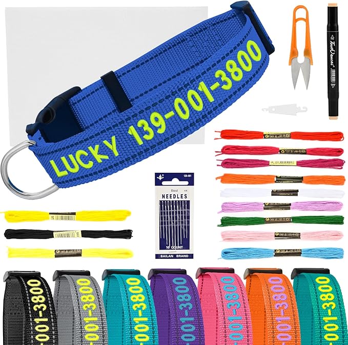 DIY Personalized Embroidered Dog Collar - Custom Hand-Stitched Name & Number, Reflective Adjustable Pet Collar for Small/Medium/Large Dogs & Cats, Durable Nylon with Steel D-Ring (Navy Blue, Small)