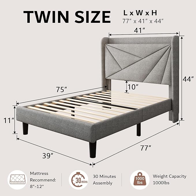 iPormis Twin Size Bed Frame with Charging Station, Linen Platform Bed Frame with Wingback Headboard Upholstered Bedframe, Solid Wood Slats Support, No Box Spring Needed, Easy Assembly, Light Grey