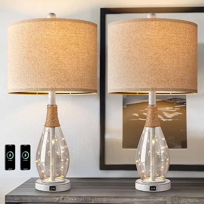 OYEARS 23" Table Lamps for Living Room Set of 2 Bedside Lamps for Night Stands Bedroom Lamps Farmhouse Rattan Boho Lamp Glass Nightlight End Table Lamp with USB C+A (White),Two Light Points