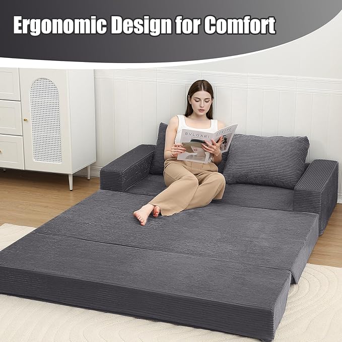 COMAX Convertible Sofa Bed Queen, Corduroy Folding Floor Couch Pull Out Couch Bed Futon Sleeper with Pillows, Fold Out Boneless Sofa Comfy Lounge Mattress Loveseat for Living Room Bedroom, Grey