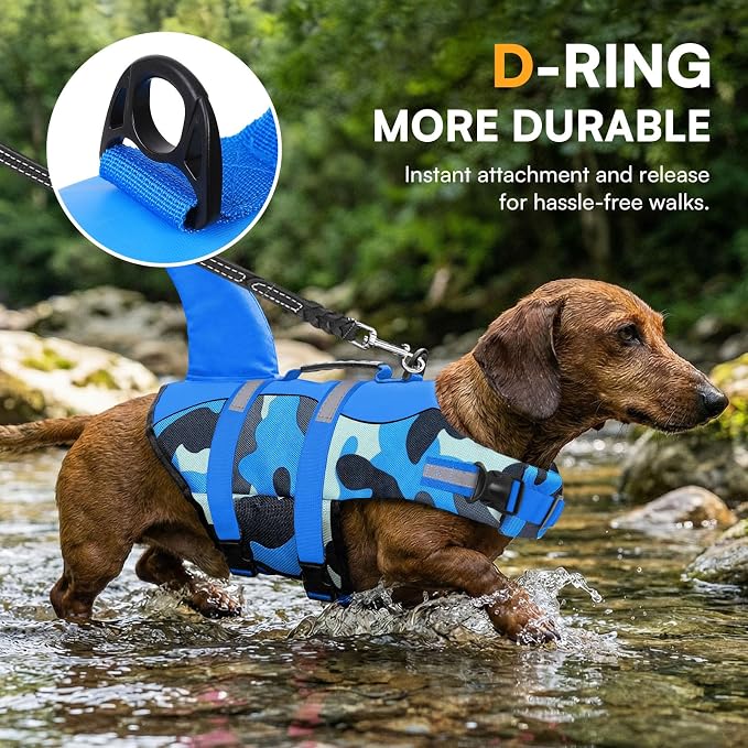 Dog Life Jacket Ripstop Dog Shark Safety Vest Adjustable Preserver with High Buoyancy and Durable Rescue Handle for Small,Medium,Large Dogs, Blue Camouflage XX-Large