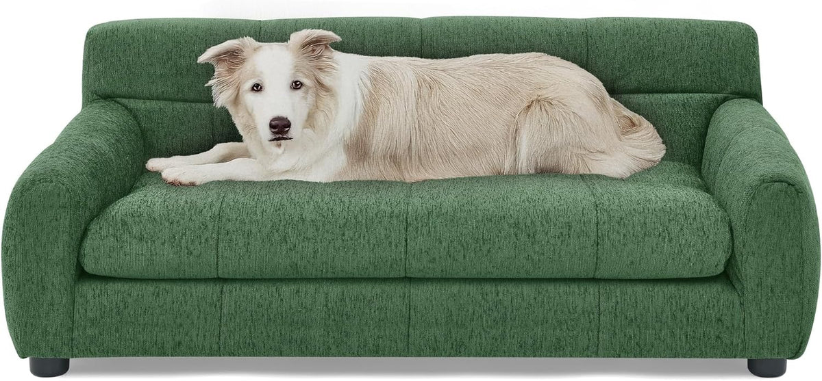 Dog Couch Bed, Mini Sofa for Dogs with Backrest and Armrest, Durable Pet Sofa with Soft Foam Cushion, Elevated Dog Couch Bed with Legs for Medium and Large Dogs, Emerald Green