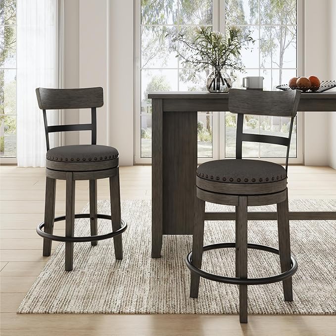 Signature Design by Ashley Caitbrook | Farmhouse Swivel 24" Counter Height Barstool – 360° Swivel, Upholstered with Nailhead Trim, Metal & Wood Frame, Gray