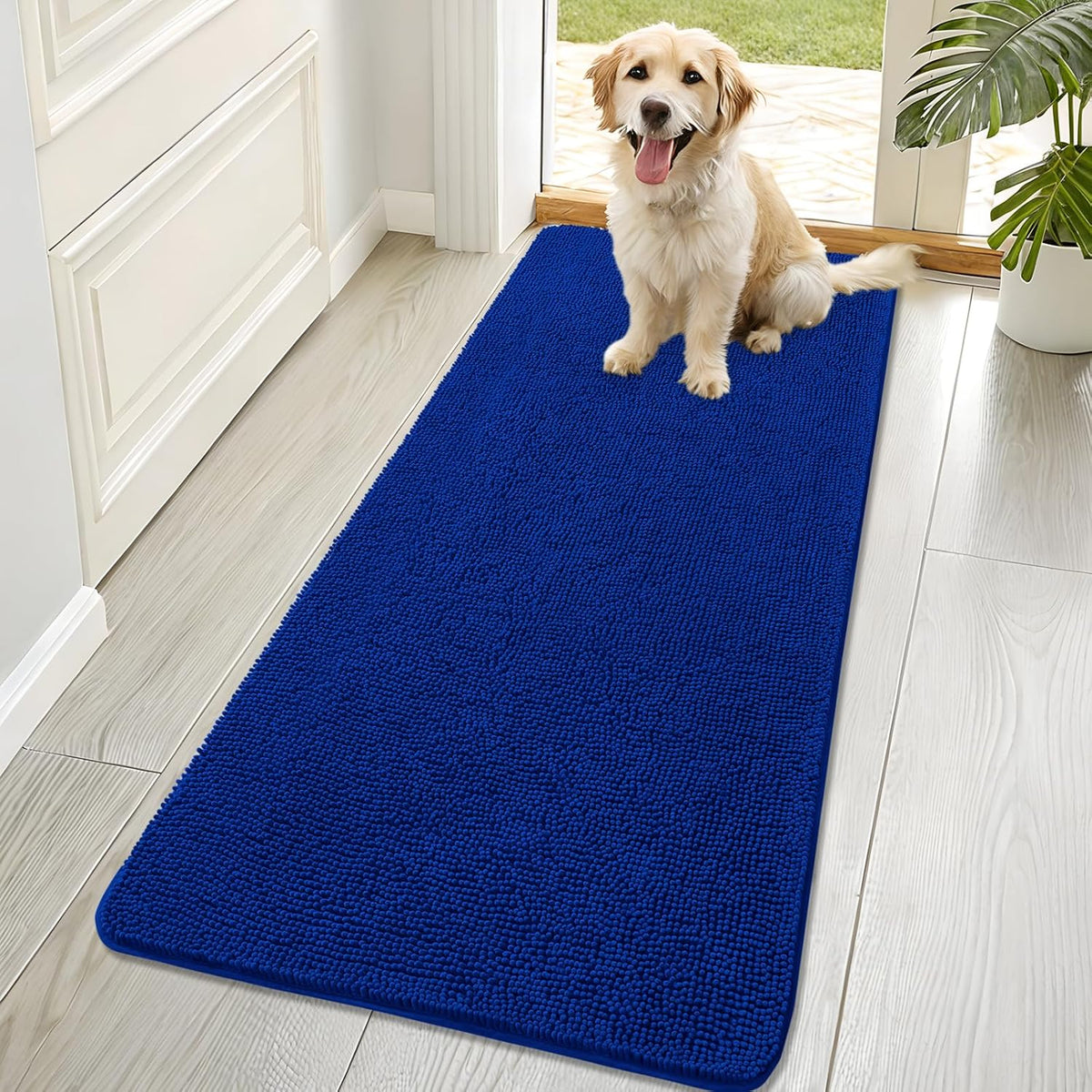 OLANLY Dog Door Mat for Muddy Paws 70x32, Absorbs Moisture and Dirt, Absorbent Non-Slip Washable Doormat, Quick Dry Chenille Mud Mat for Dogs, Entry Indoor Entryway Carpet for Inside Floor, Royal Blue