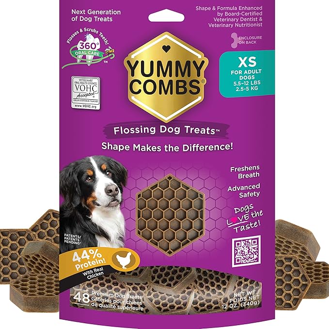 Yummy Combs Dog Dental Treats – Vet VOHC Approved – Delicious Chicken Protein – Removes Tartar with Cleaning Comb Shape – Dental Dog Treats for Extra Small Dogs (12oz, 48 Count)