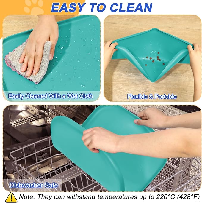 SMILOOL Waterproof Silicone Pet Food Mat with Raised Edge for Dog & Cat | 24" x 16" Non-Slip Pet Feeding Mats with Lip for Food & Water Bowl, Food Grade, Easy Cleaning, Dark Turquoise