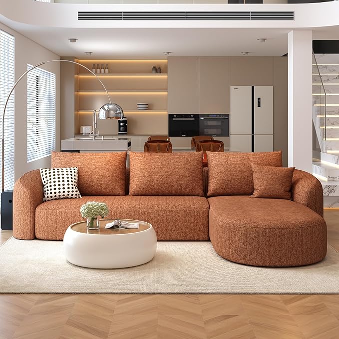 111" Modular Sectional Couches Luxury Modern Curved Back Sofa,Minimalist Comfy L-Shape Boneless Cloud Couch for Living Room Apartment,(Right Facing Chaise,Orange)