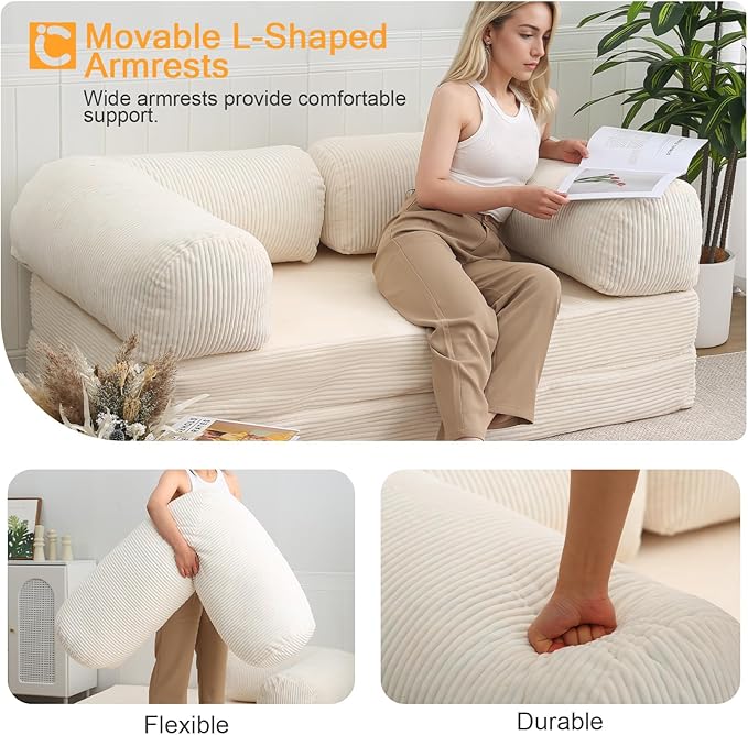 COMAX 4‑in‑1 Futon Sofa Bed Queen – Floor Foldable Convertible Sofa Couch with L‑Shaped Armrests, Removable Cover, Convertible Guest Bed | Space‑Saving Fold‑Out Mattress Lounge for Living Room, Beige