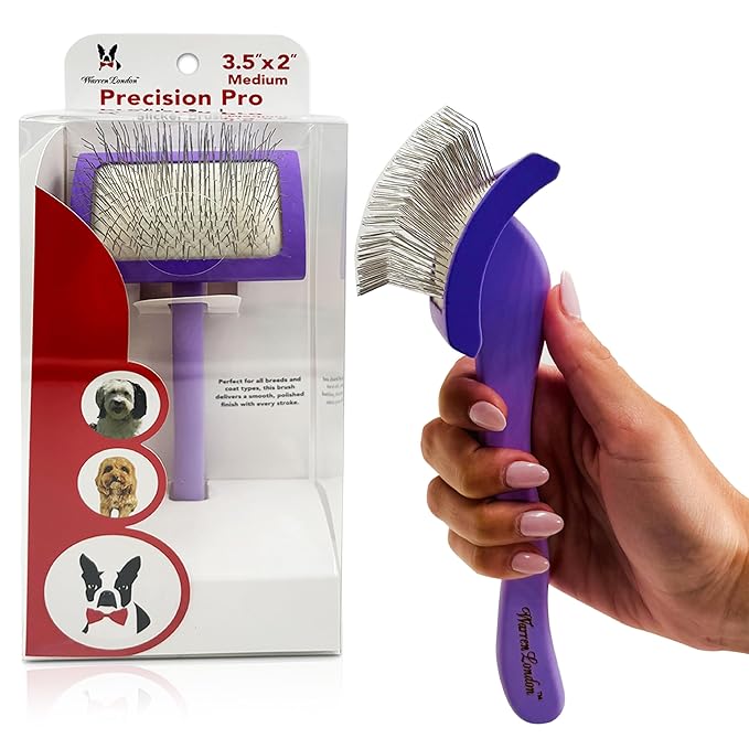 Warren London Precision Pro Slicker Brush for Dogs – 3.5" x 2" Medium Slicker Brush for Tangle-Free Grooming – Soft Pins for Medium & Long Coats – Ergonomic Handle – Professional Pet Grooming Tool