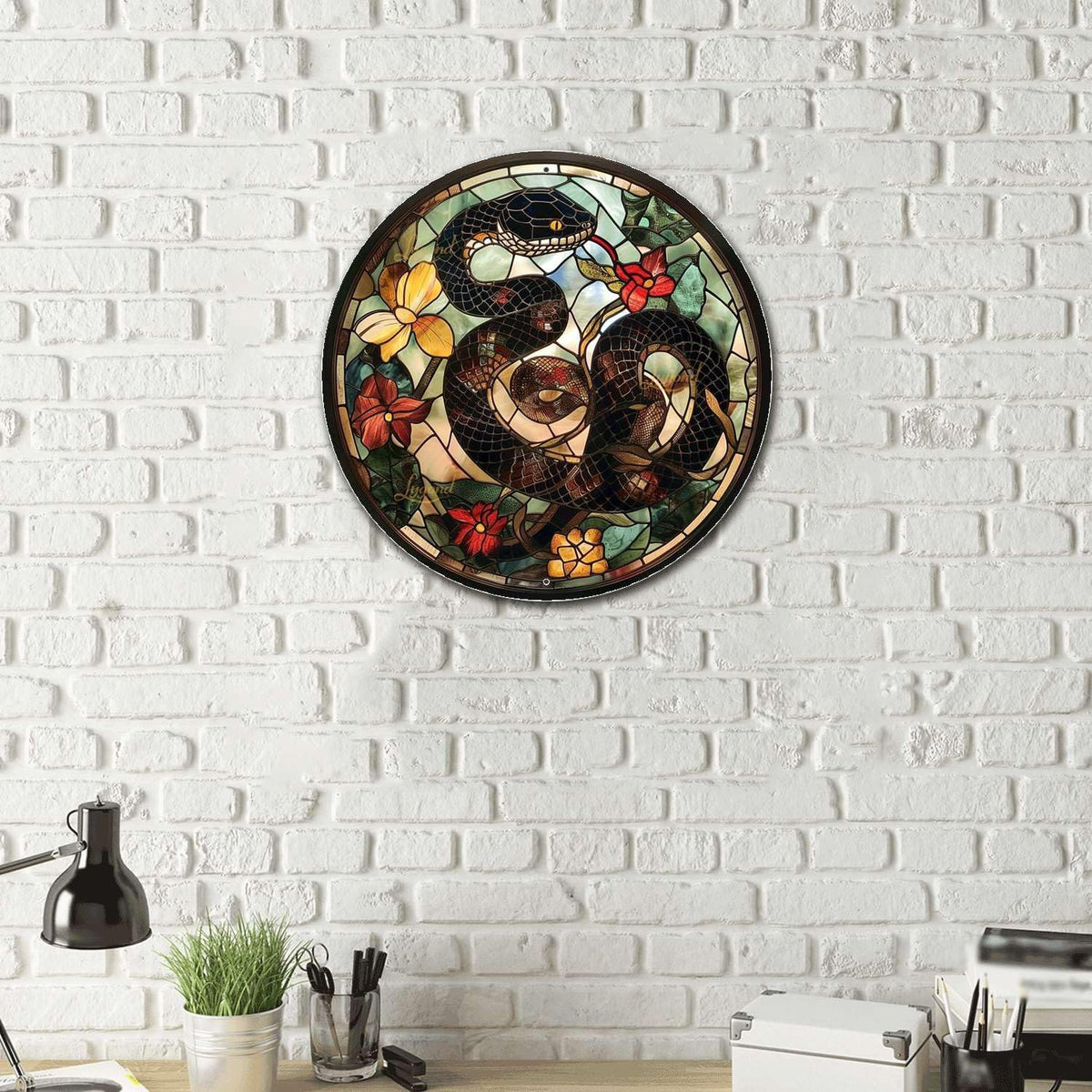 Lygond Metal Sign Tin Sign Circular Stained Glass Snake Gardening Sign for Gift 12×12 Inches