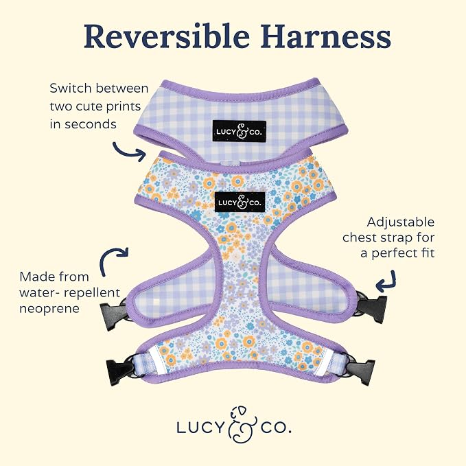 Lucy & Co. Reversible Dog Harness - Water-Repellent Neoprene, Dual-Print Design, Easy Swap Style, Adjustable Comfort Fit - Among Wildflowers Reversible Harness - Small