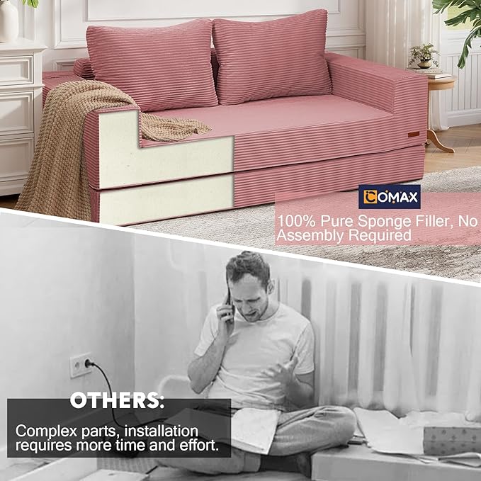 COMAX Convertible Sofa Bed Queen, Corduroy Folding Floor Couch Pull Out Couch Bed Futon Sleeper with Pillows, Fold Out Boneless Sofa Comfy Lounge Mattress Loveseat for Living Room Bedroom, Pink