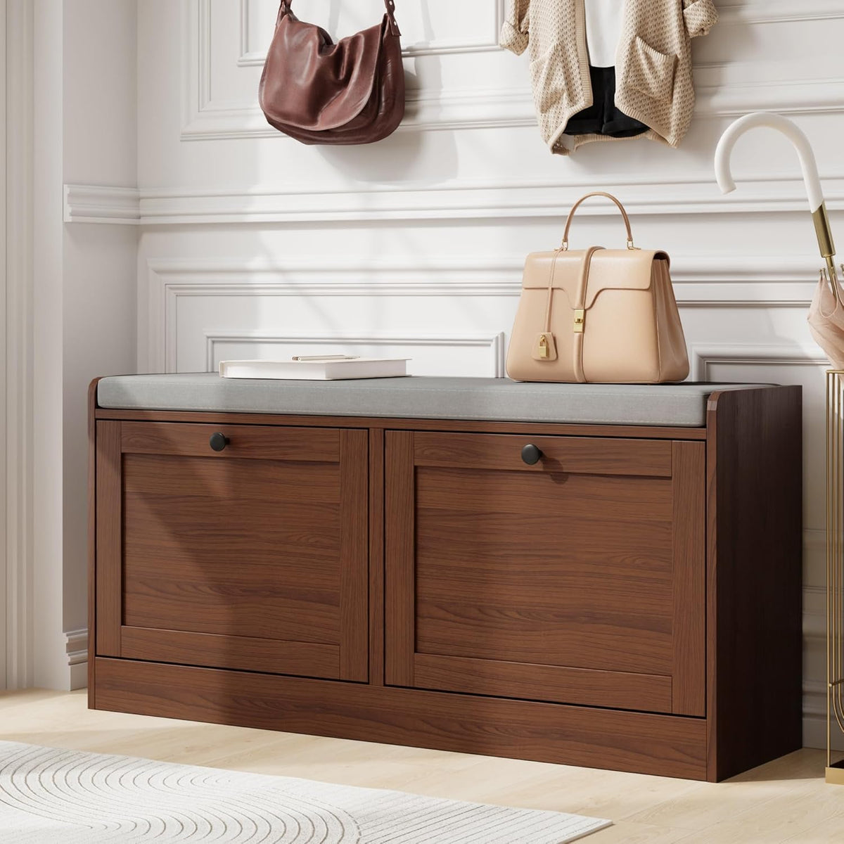 MHOM Brown Modern Entryway Bench with 2 Flip Drawers, Entryway Shoe Bench with Padded Seat Cushion, Wooden Storage Bench for Bedroom and Apartment