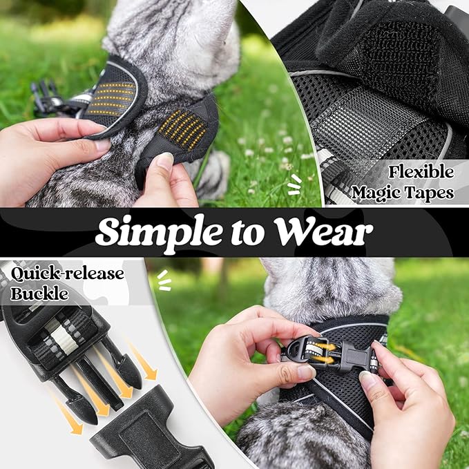 rabbitgoo Cat Harness and Leash Set for Walking Escape Proof, Adjustable Soft Kittens Vest with Reflective Strip for Cats, Comfortable Outdoor Vest, Black, L