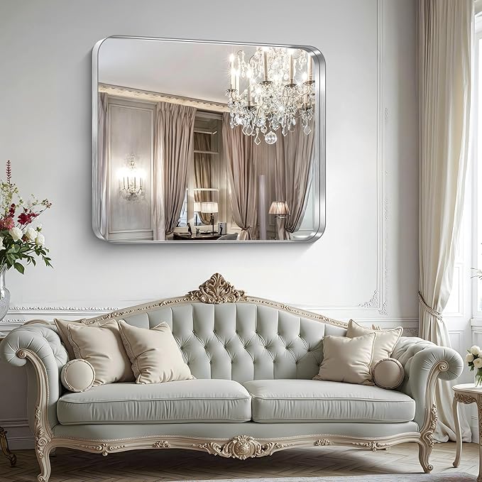CIRCUMI Silver Bathroom Mirror, Rounded Corner, Tempered Glass, Large Mirror