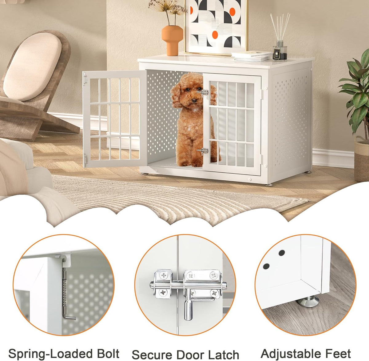 32" Heavy Duty Dog Crate Furniture for Small and Medium Dogs, Metal Kennel for High Anxiety Dogs, Chew Proof Pet Cage Indoor, Decorative Dog Kennel End Table, White