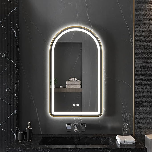 30x40 inch Gold Tempered Glass LED Arched Mirror