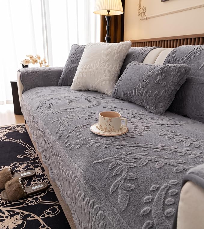 Grey Fuzzy Rabbit Plush Sofa Cover Cozy Warm Sofa Couch Covers with 3D Jacquard Leaf Pattern Non-Slip Easy-to-Install Shaggy Sofa Slipcover Prefect for Kids Dogs Cats Cats(Grey,36"x70")