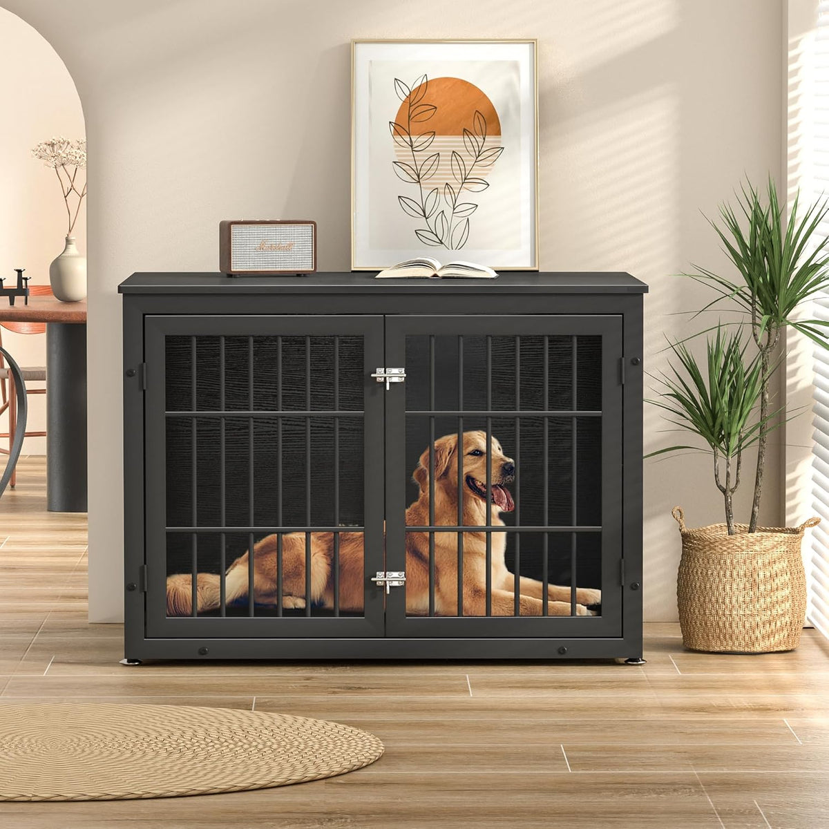 42" Heavy Duty Dog Crate Furniture for Large and Medium Dogs, Enclosed Design Wooden Metal Kennel, Wooden Cage Furniture Indoor, Decorative Dog Kennel End Table