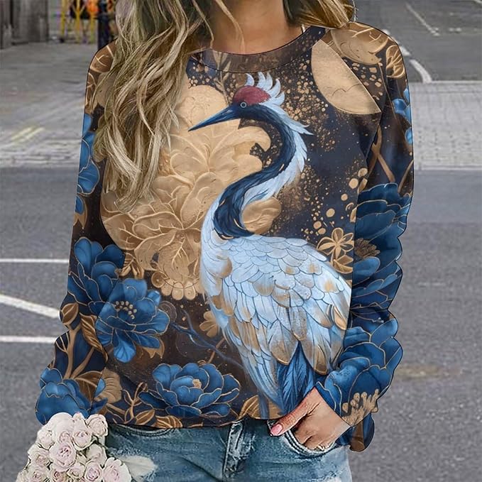Womens Long Sleeve Tops Y2k Japanese Art Print Sweatshirts Fall Pullover for Women Crewneck Vintage Shirts Boho Tops