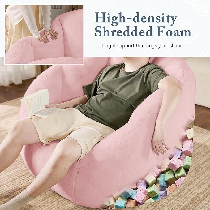 Giant Bean Bag Chair for Adults - Comfy Plush Round Shell Soft Accent Chair, Oversized Cozy Lounge Floor Sofa Reading Chair, Mini Couch for Living Room, Bedroom & Game Rooms, Dorm, Pink