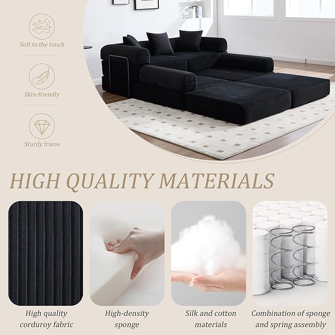 106" Oversized Convertible Sleeper Sofa Bed, Corduroy L Shape Sectional Couch, Folding Sofa Bed with Side Pocket, Modern Cloud Floor Mattress Couch, Modular Sofa for Living Room, Black