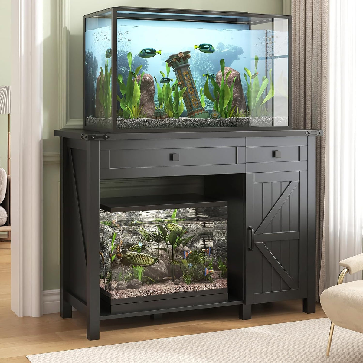 40 Gallon Aquarium Stand With Charging Station, Farmhouse Fish Tank Stand, Reptile Tank Stand Terrarium Stand with Drawer and Cabinet Storage, Sturdy Heavy Duty 41.9"×18.3" Tabletop - Black