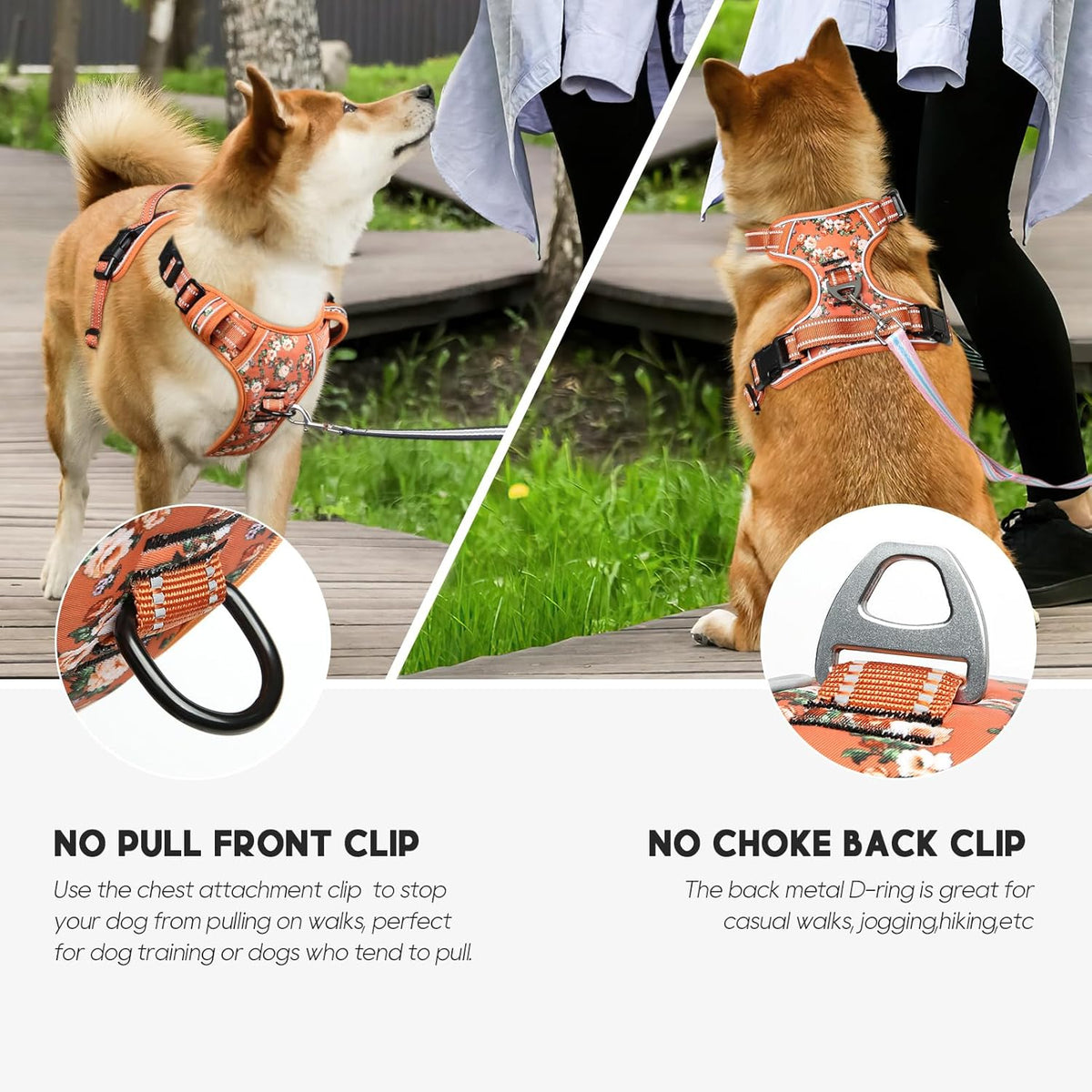 Timos Dog Harness for Large Dogs, No Pull Service Vest with Reflective Strips and Control Handle,No Choke Dog Harness with 2 Metal Rings for Easy Walking,Outdoor Training,Flower Orange, XL