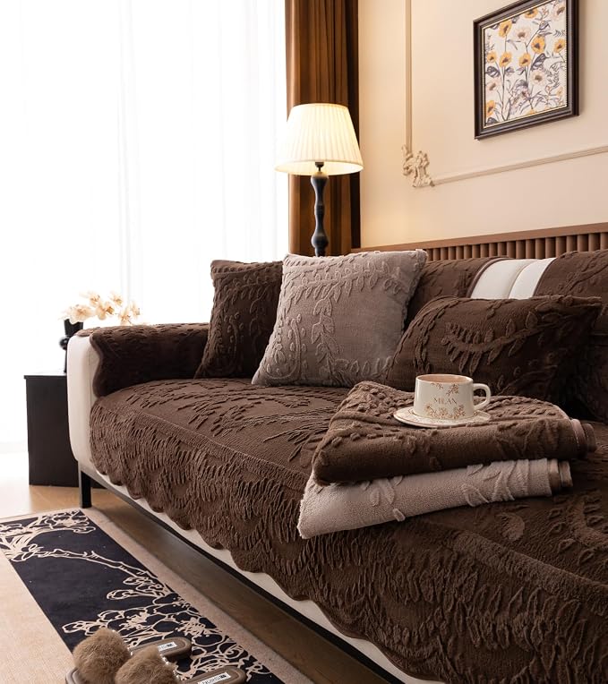 Fuzzy Rabbit Plush Sofa Cover Cozy Warm Sofa Couch Covers with 3D Jacquard Leaf Pattern Non-Slip Easy-to-Install Shaggy Sofa Slipcover Prefect for Kids Dogs Cats Cats(Caramel,36"x36")