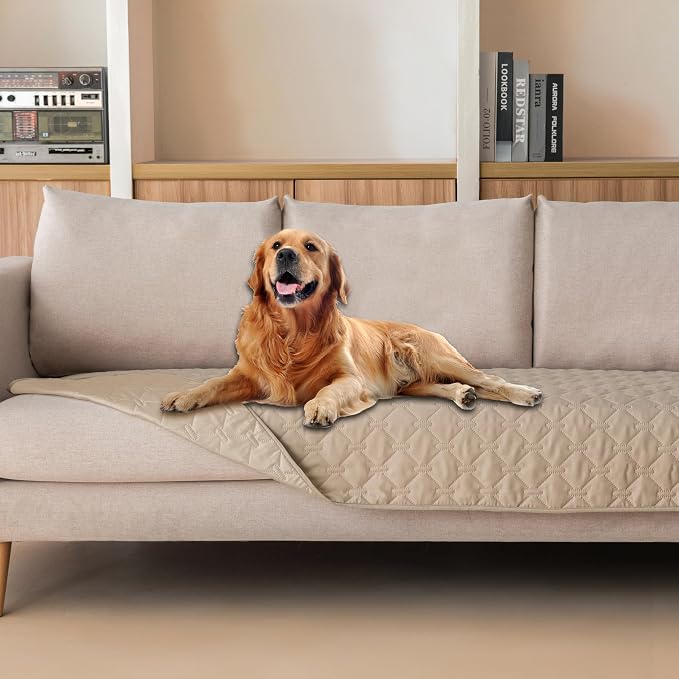 gogobunny 3X Stronger Waterproof Pet Blanket, Scratch Proof Furniture Protector for Dogs Cats, Reversible Cover 30x90 Inch, Dark Beige