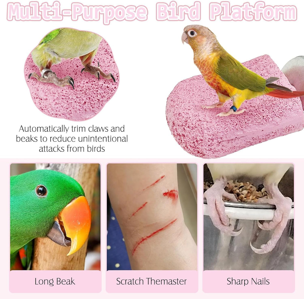 PINVNBY 5 Pack Bird Perch Resin Bird Beak Grinding Stone Parrot Cage Perch Stand Platform Foot Claws Trimmer Chew Toy Bird Cage Accessories for Budgie Cockatiel Conure Lovebird Finch (Pink)