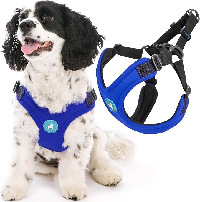 Gooby Escape Free Sport Dog Harness, Choke-Free, Blue, Small | Patented escape-free frame; Reduces choking; 4-point adjustment; Soft neoprene padding; Durable webbed straps