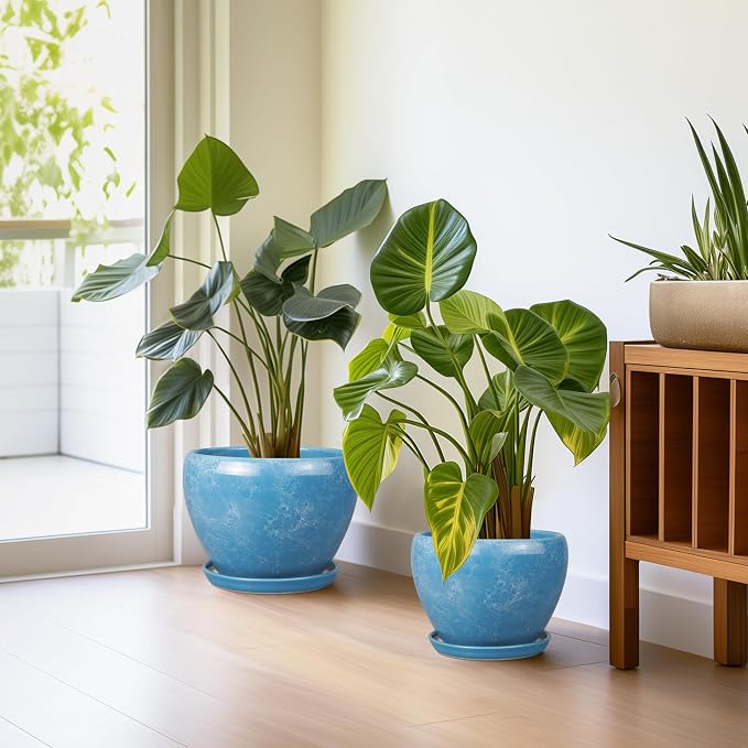 Ceramic Plant Pots - 10+8+6 Inch Modern Round Planters for Indoor Outdoor with Drainage Holes and Plant Saucers, Room Patio House Office Decor, Gardening Gifts for Women Men, Set of 3, Blue