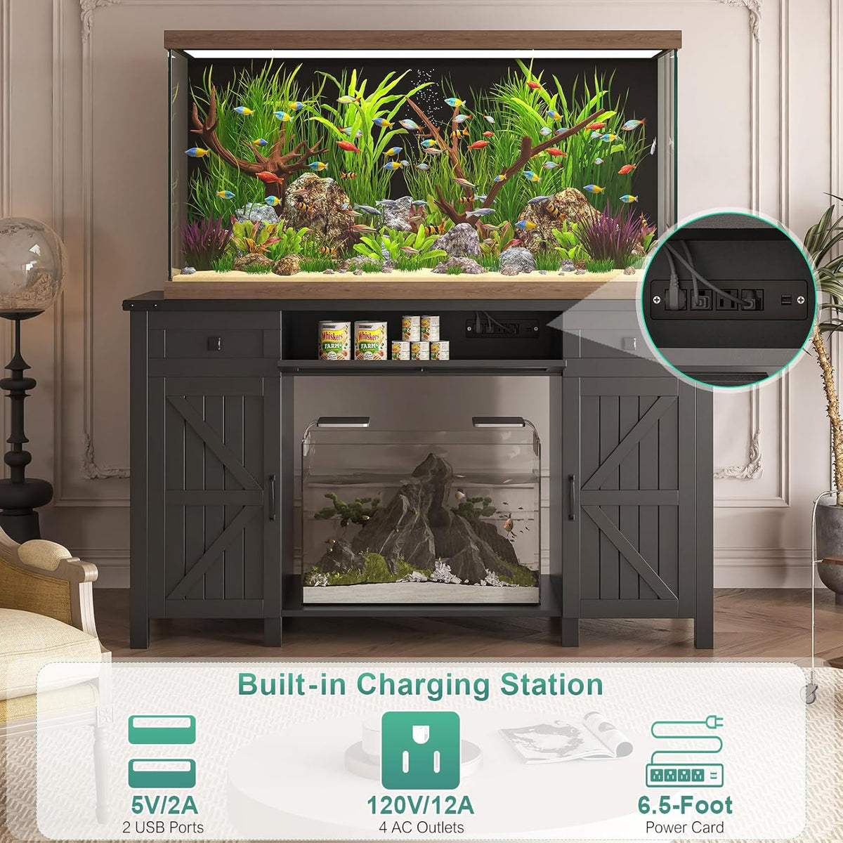 55-75 Gallon Aquarium Stand With Charging Station, Farmhouse Fish Tank Stand, Reptile Tank Stand Terrarium Stand with Drawer and Cabinet Storage, Sturdy Heavy Duty 53.5"×19.7" Tabletop - Black