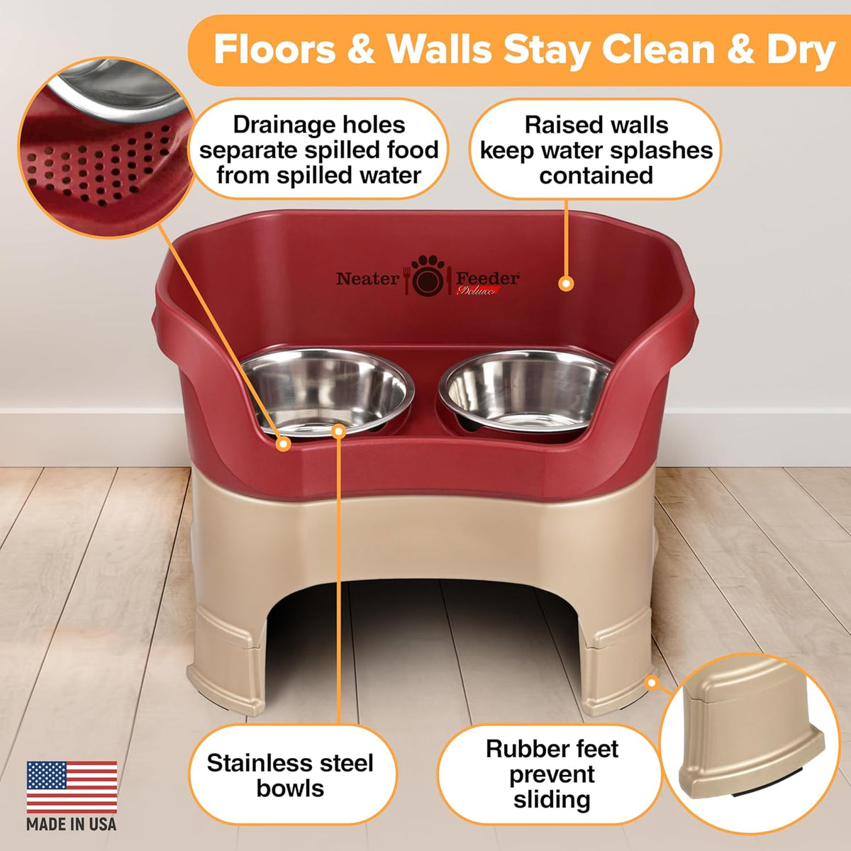 Neater Feeder Deluxe Mess Proof Dog Bowls Elevated for Large Dogs – Made in USA – No Spill Raised Dog Food Bowl Stand w/Leg Extensions – Stainless Steel Dog Food and Water Bowl Set – Red