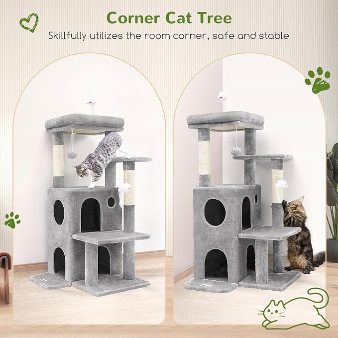 Globlazer Cat Tree Tower for Indoor Cats, 50-inch Adult Cat Tree House for Large Adult Cats with Steps, Scratching Post, 2 Cat Caves, Dangling Toys, FC50, Light Grey