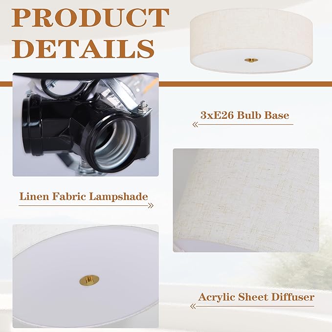 15.7 Inch Flush Mount Ceiling Light Fixture 3-Light Drum Modern Gold Ceiling Light Fixture Dimmable Close to Ceiling Light Fixture with Fabric Shade for Living Room Hallway Entryway Kitchen Bedroom