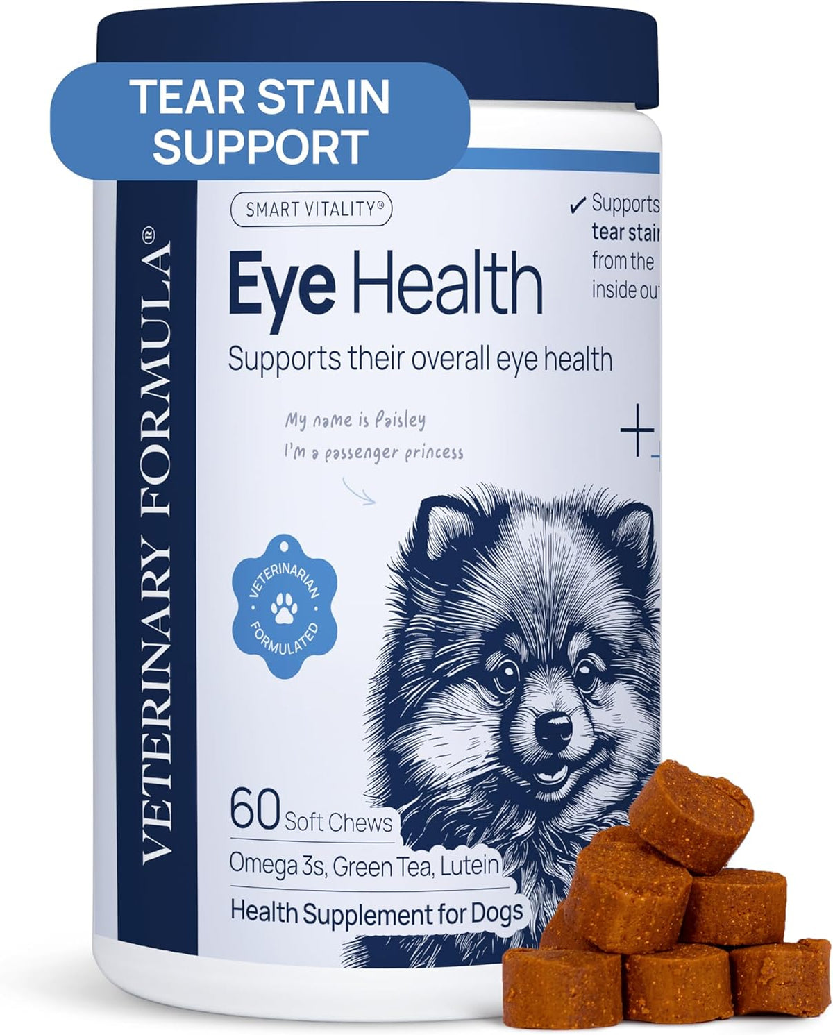 Veterinary Formula Eye Health Supplement for Dogs – Vet-Formulated Tear Stain Chews with Omega 3, Lutein & Cranberry – Smart Vitality Supports Eye Moisture, Stain Reduction & Immunity, 60 Soft Chews