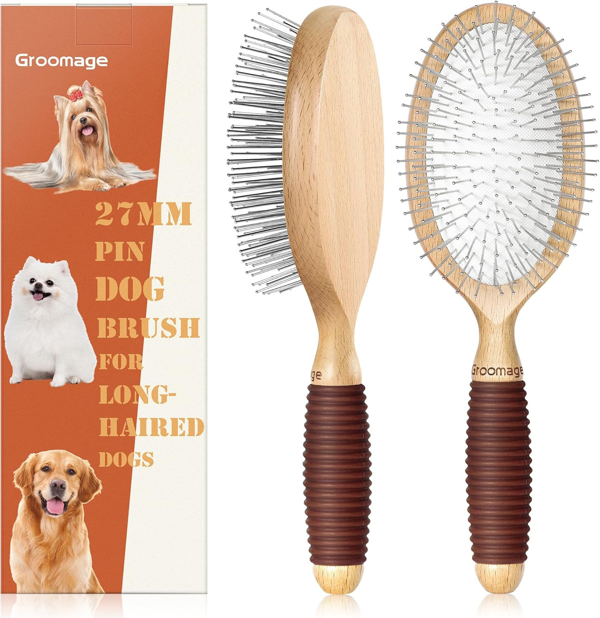 Dog Brush for Long Haired Dogs, 27mm Extra Long Pin Brush for Grooming, Shedding - Beech Wood Material, Non-Slip Rubber Handle, Round-Tipped Pins