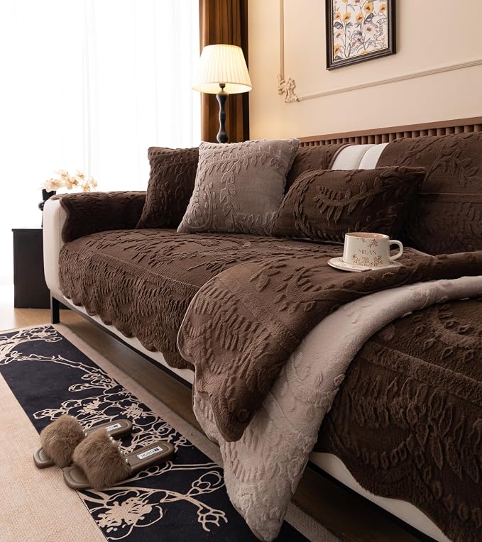 Fuzzy Rabbit Plush Sofa Cover Cozy Warm Sofa Couch Covers with 3D Jacquard Leaf Pattern Non-Slip Easy-to-Install Shaggy Sofa Slipcover Prefect for Kids Dogs Cats Cats(Caramel,36"x70")