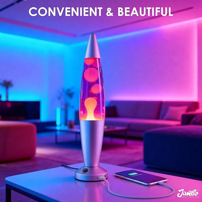 JAMBO 16" Beautiful Liquid Motion Lamp with USB -Purple with Yellow/Orange Wax for Adults, Teens and Kids, Magma Lamp, Home Decor Living Room Office Bedroom, Relaxing Night Light Nightlight
